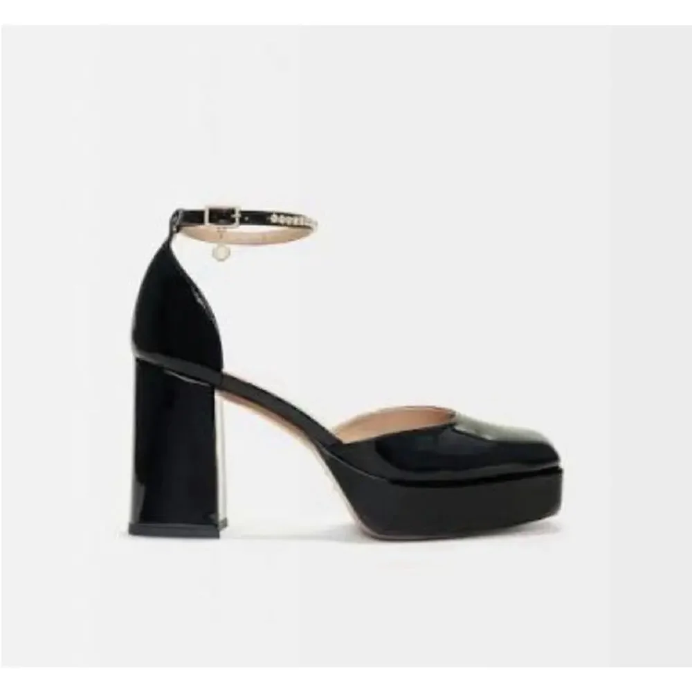 Maje Patent Leather Platform Black Heels size 38 Rhinestone Ankle Y2K Retro